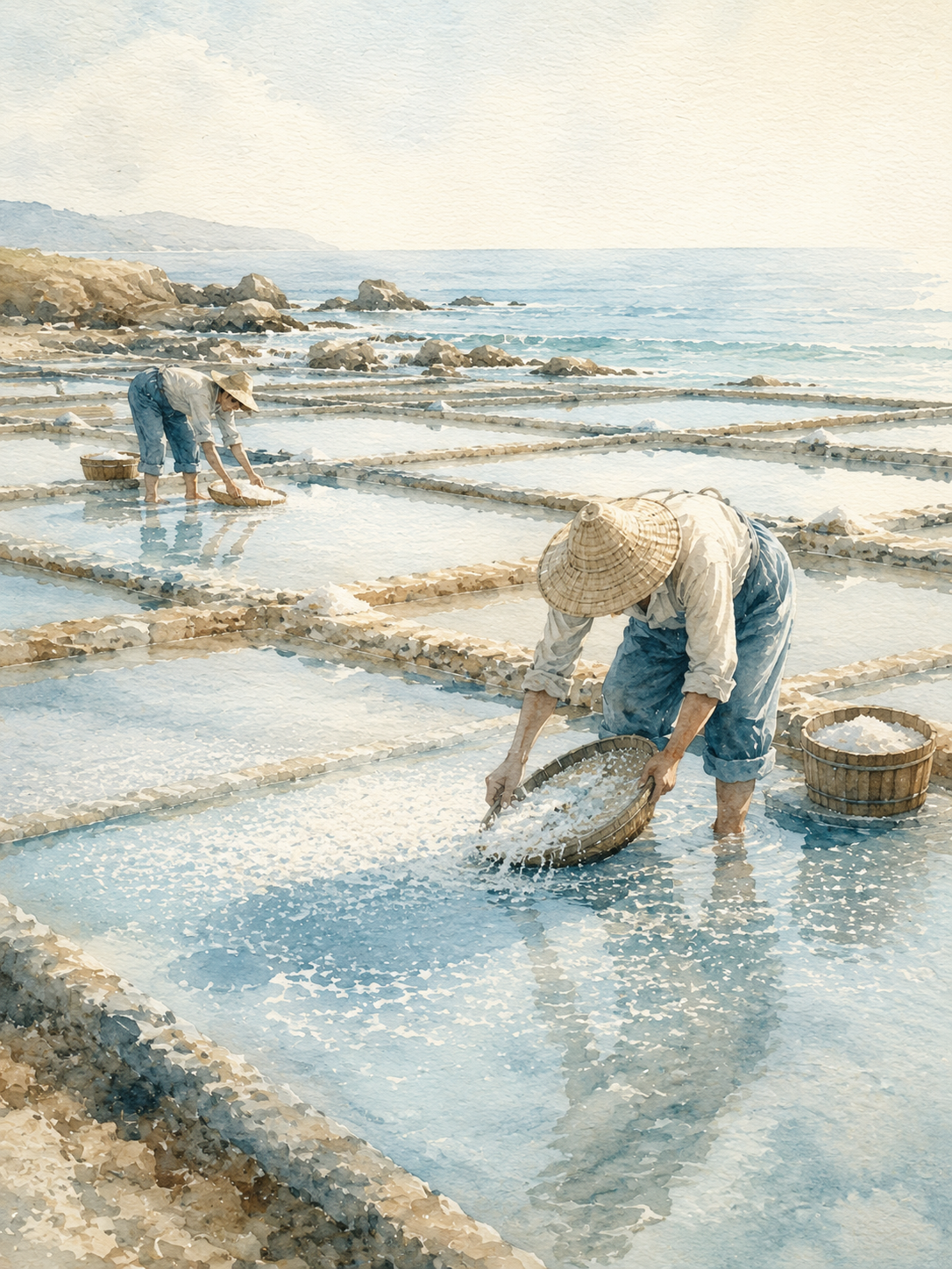 Vesalt Fleur de Sel – Illustration der traditionellen Handernte in flachen Salinen, edles Finishing Salz