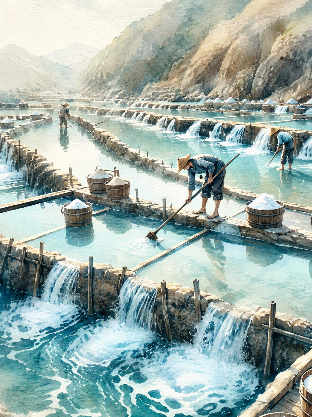 Vesalt Quellwassersalz – Illustration der Gewinnung in Salzbecken, mineralreiches Natursalz